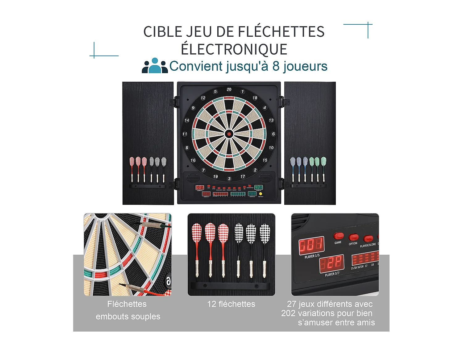 Cible jeu de fléchettes électronique refermable 27 jeux 202 variations jusqu'à 8 joueurs affichage LED haut-parleur noir