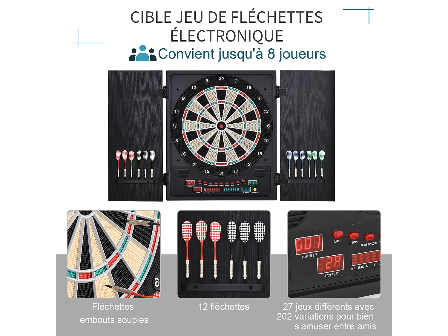 Cible jeu de fléchettes électronique refermable 27 jeux 202 variations jusqu'à 8 joueurs affichage LED haut-parleur noir