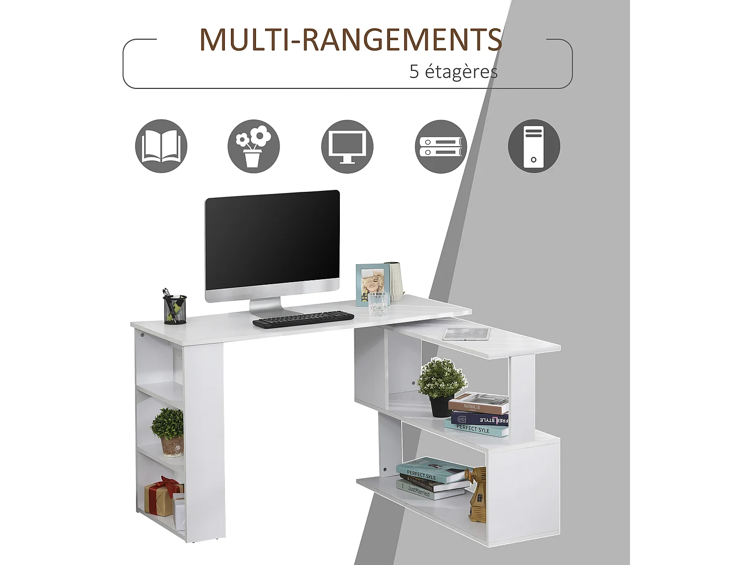 Bureau informatique multimédia modulable bibliothèque intégrée + étagère 3 niveaux panneaux particules blanc