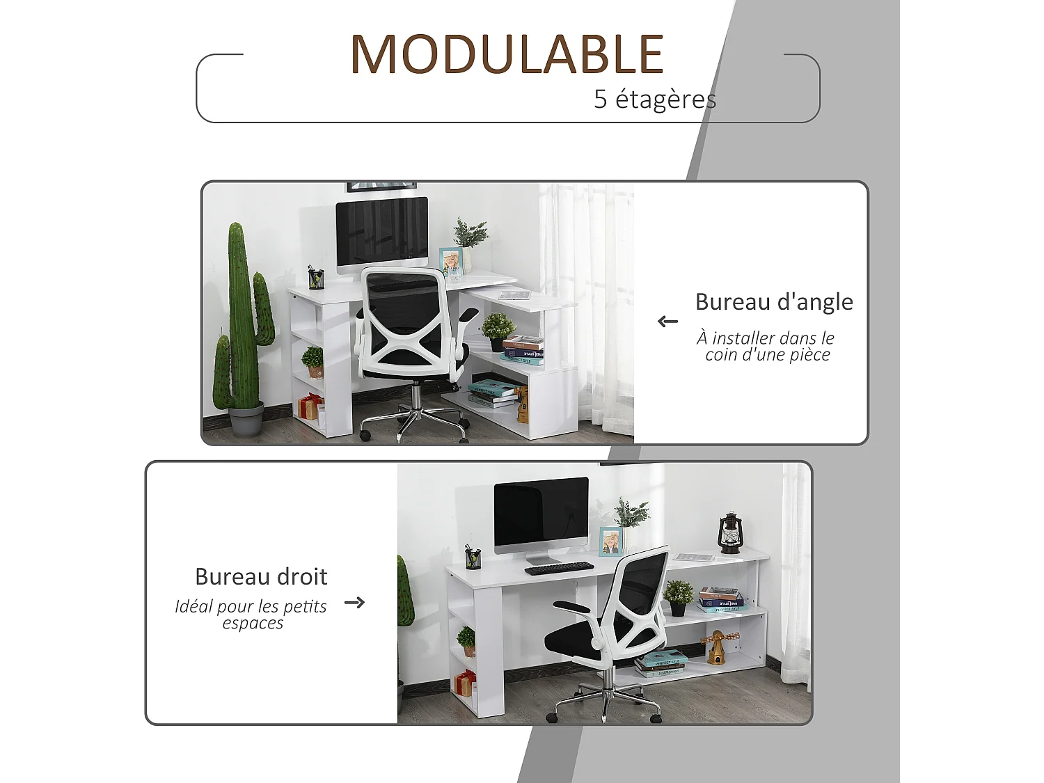 Bureau informatique multimédia modulable bibliothèque intégrée + étagère 3 niveaux panneaux particules blanc