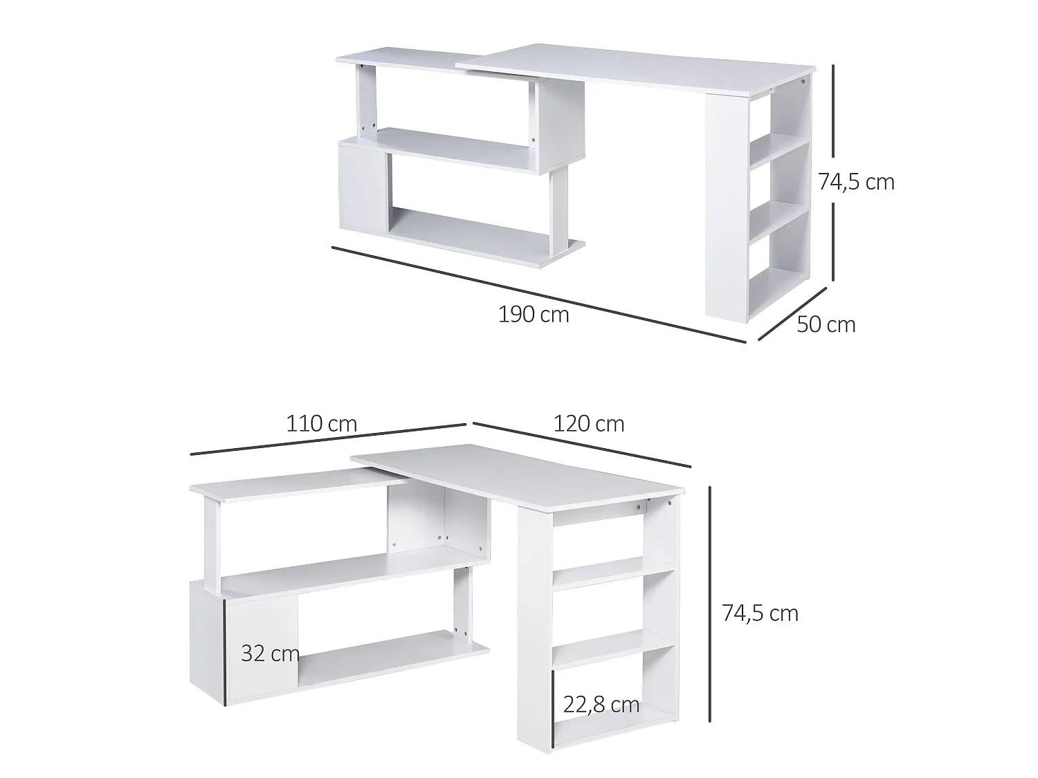 Bureau informatique multimédia modulable bibliothèque intégrée + étagère 3 niveaux panneaux particules blanc