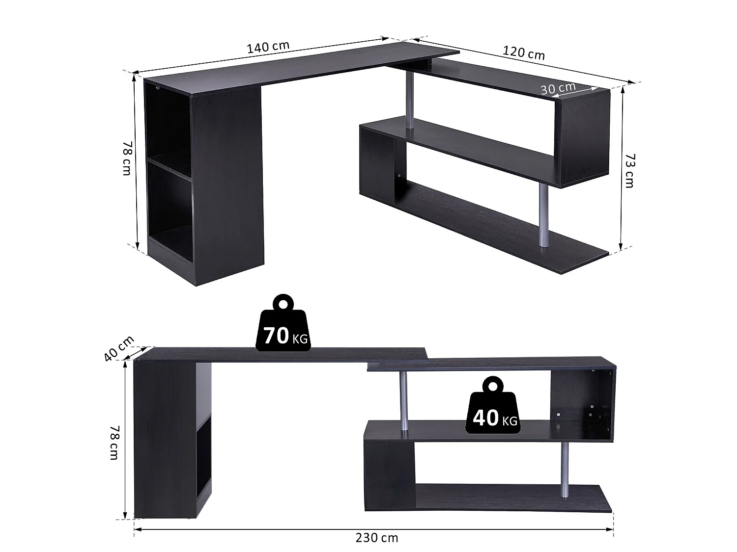 Bureau informatique multimédia modulable design contemporain zig zag bibliothèque intégrée panneaux particules noir métal