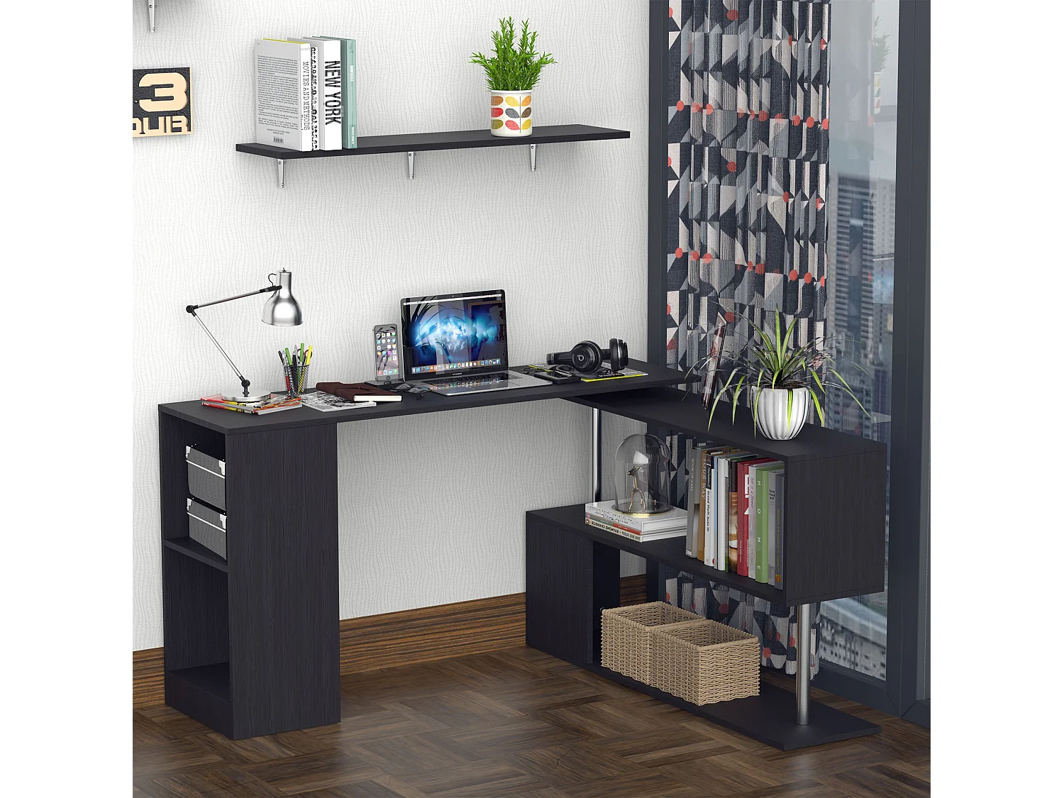 Bureau informatique multimédia modulable design contemporain zig zag bibliothèque intégrée panneaux particules noir métal