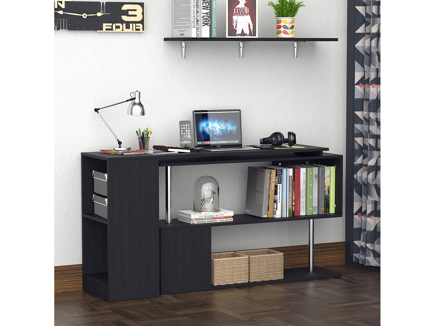 Bureau informatique multimédia modulable design contemporain zig zag bibliothèque intégrée panneaux particules noir métal