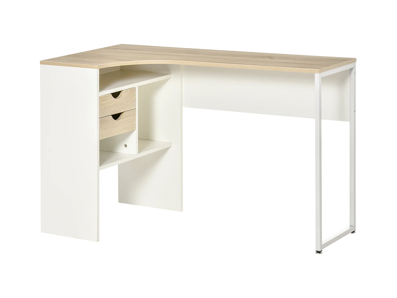 Bureau d'angle bureau informatique multimédia multi-rangement métal panneaux particules aspect chêne clair blanc