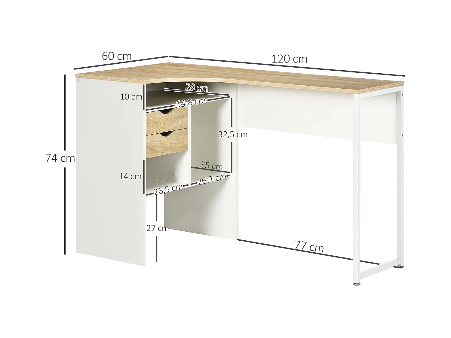 Bureau d'angle bureau informatique multimédia multi-rangement métal panneaux particules aspect chêne clair blanc