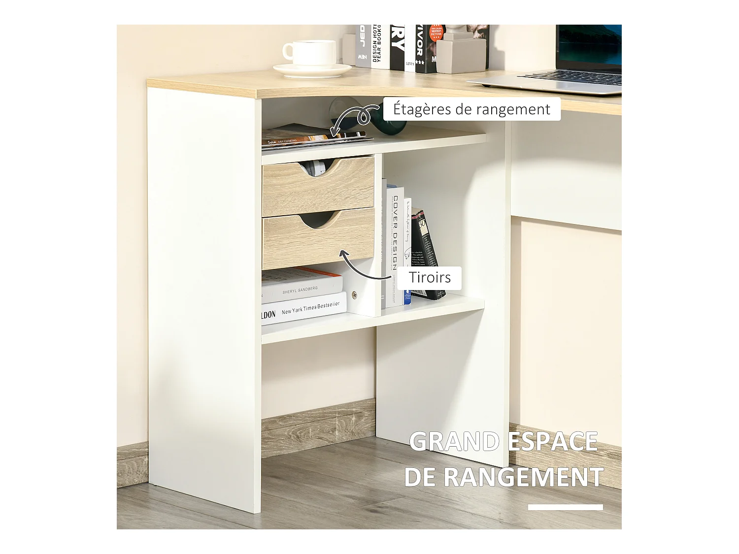 Bureau d'angle bureau informatique multimédia multi-rangement métal panneaux particules aspect chêne clair blanc