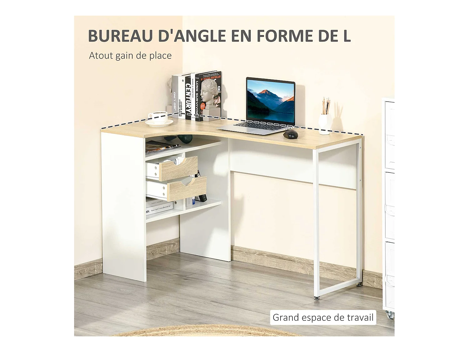 Bureau d'angle bureau informatique multimédia multi-rangement métal panneaux particules aspect chêne clair blanc