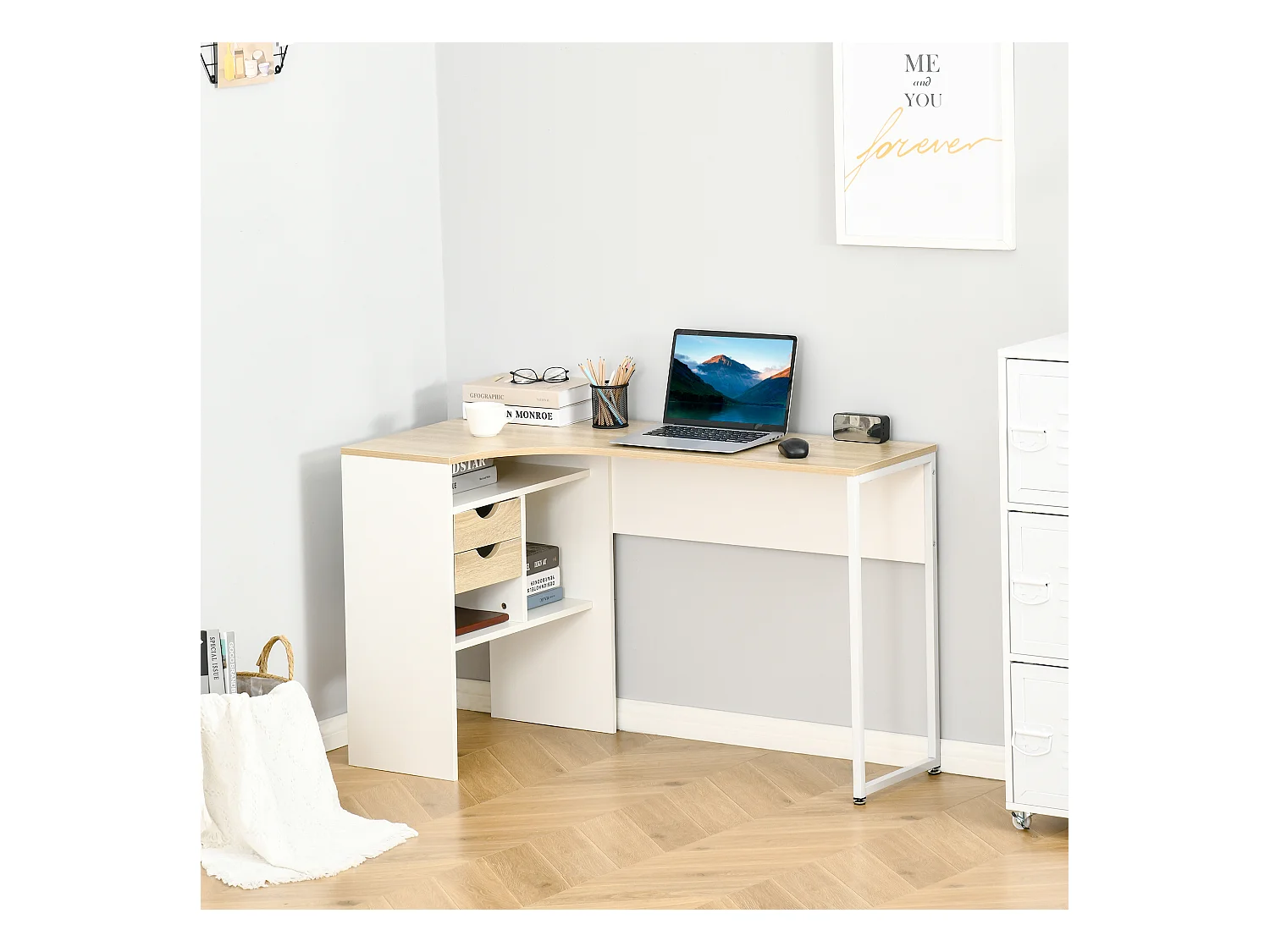 Bureau d'angle bureau informatique multimédia multi-rangement métal panneaux particules aspect chêne clair blanc