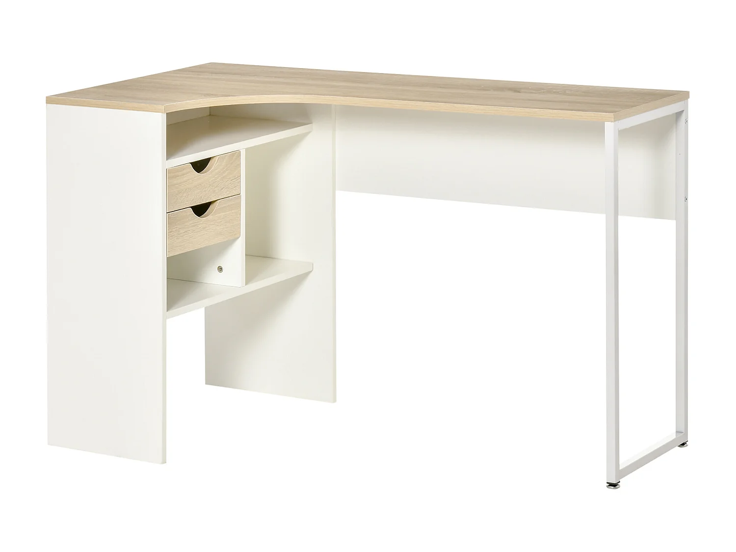 Bureau d'angle bureau informatique multimédia multi-rangement métal panneaux particules aspect chêne clair blanc