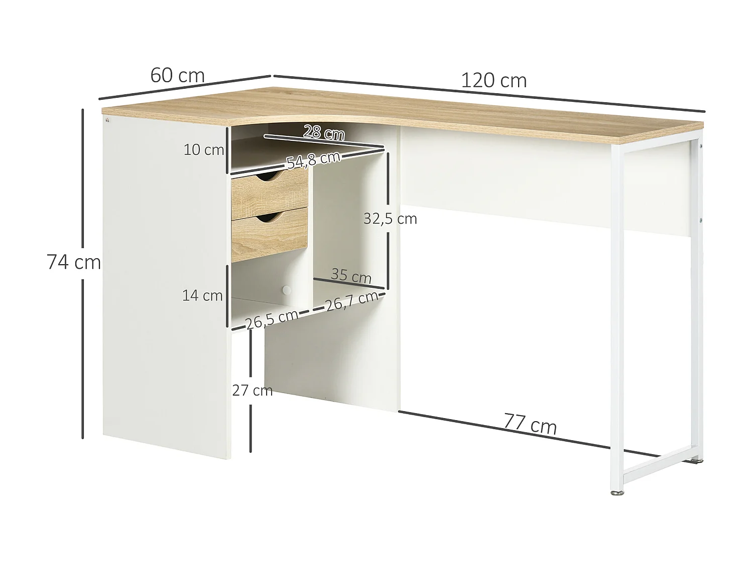 Bureau d'angle bureau informatique multimédia multi-rangement métal panneaux particules aspect chêne clair blanc