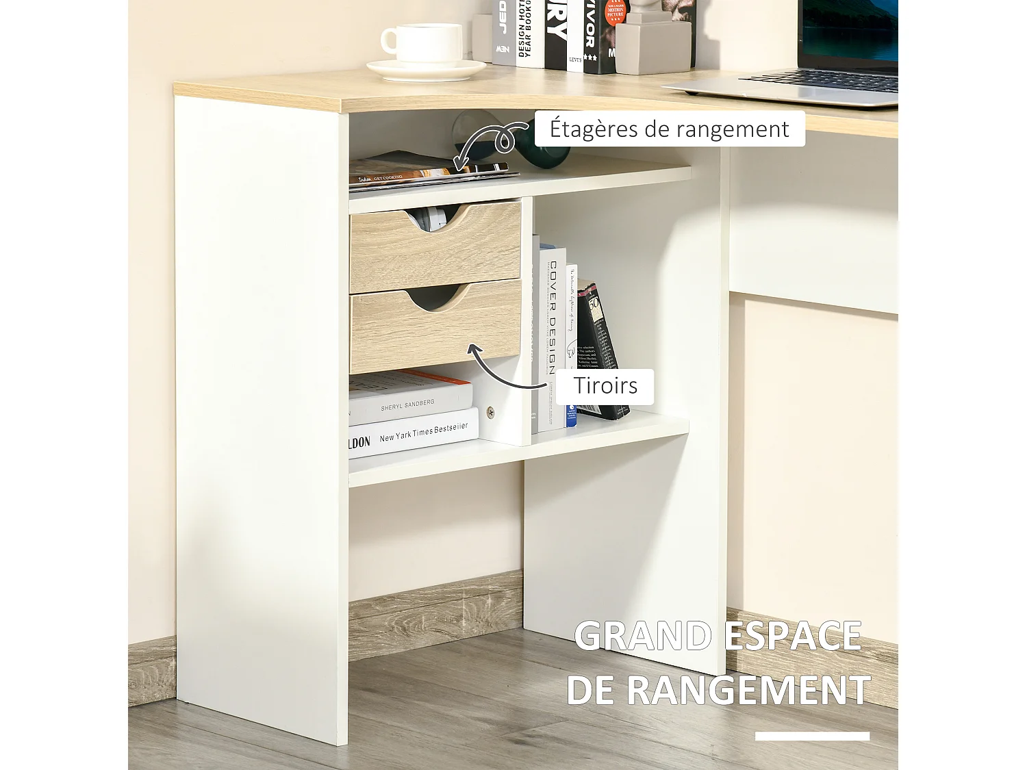 Bureau d'angle bureau informatique multimédia multi-rangement métal panneaux particules aspect chêne clair blanc