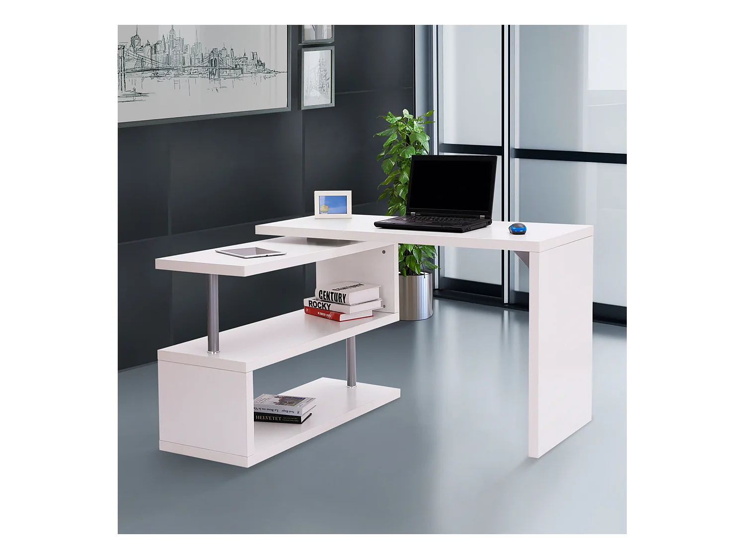 Bureau informatique table informatique modulable avec bibliothèque adjacente design contemporain mélaminé métal chromé blanc