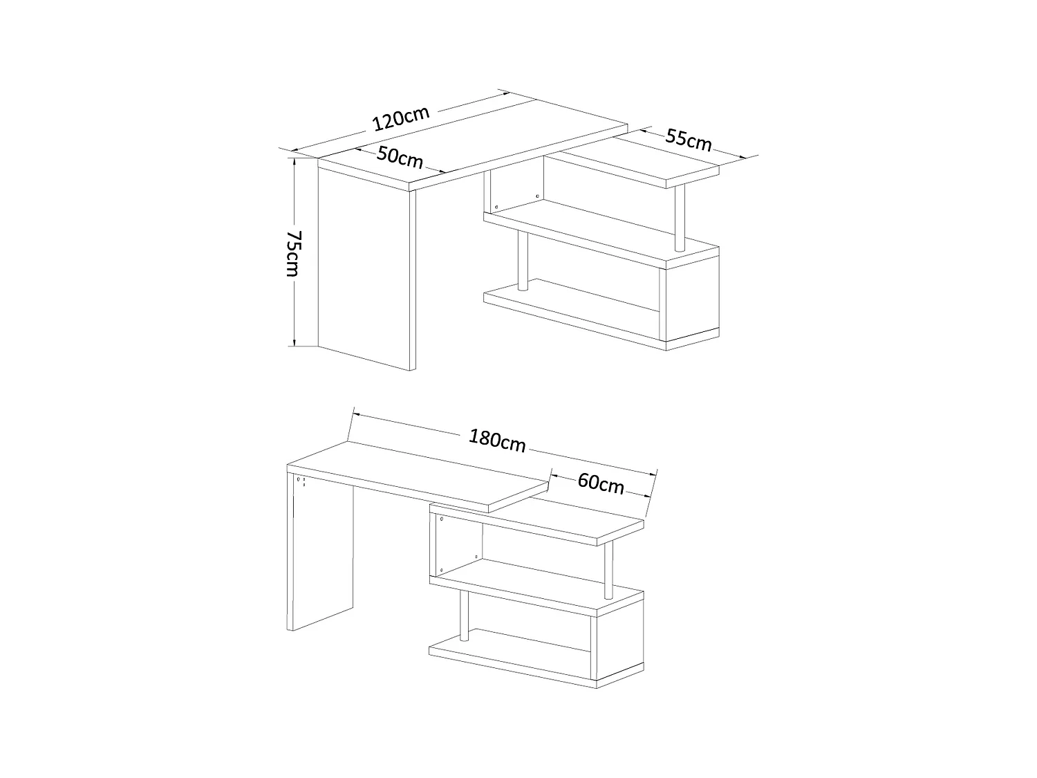 Bureau informatique table informatique modulable avec bibliothèque adjacente design contemporain mélaminé métal chromé blanc