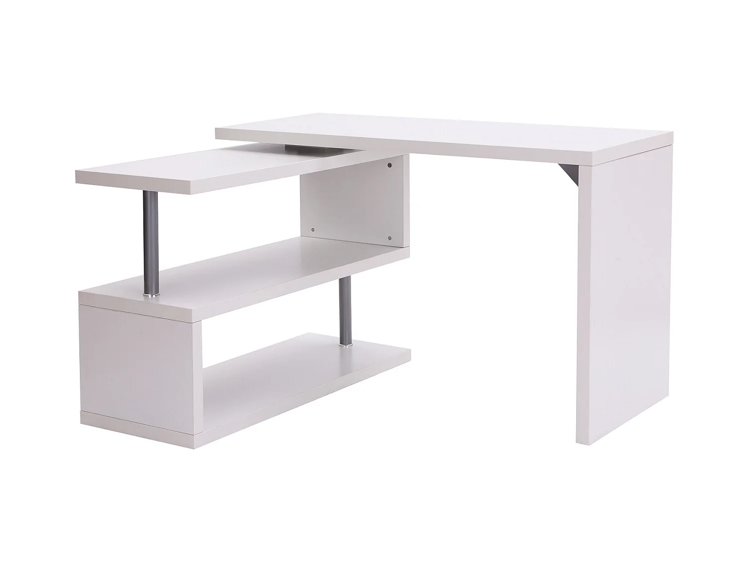 Bureau informatique table informatique modulable avec bibliothèque adjacente design contemporain mélaminé métal chromé blanc