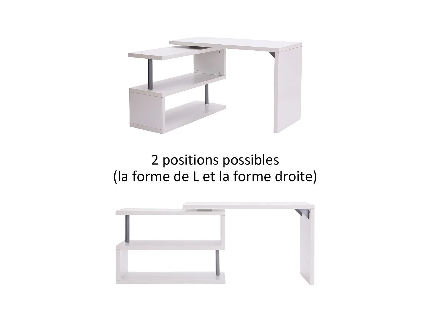 Bureau informatique table informatique modulable avec bibliothèque adjacente design contemporain mélaminé métal chromé blanc