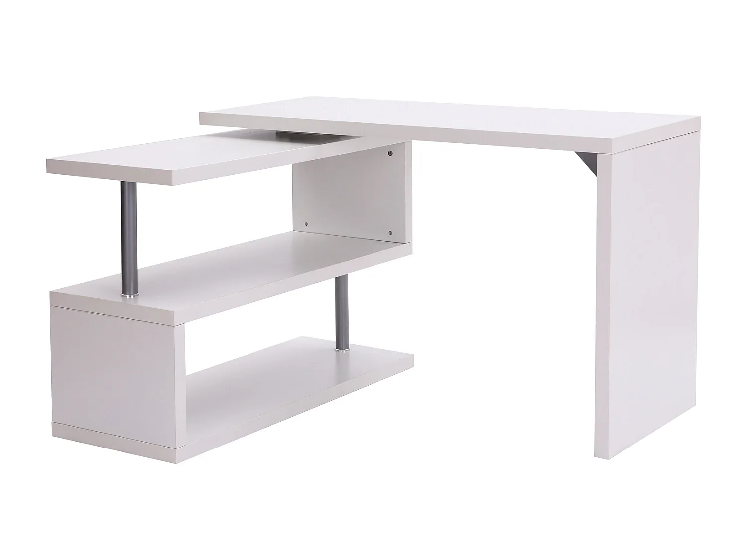 Bureau informatique table informatique modulable avec bibliothèque adjacente design contemporain mélaminé métal chromé blanc