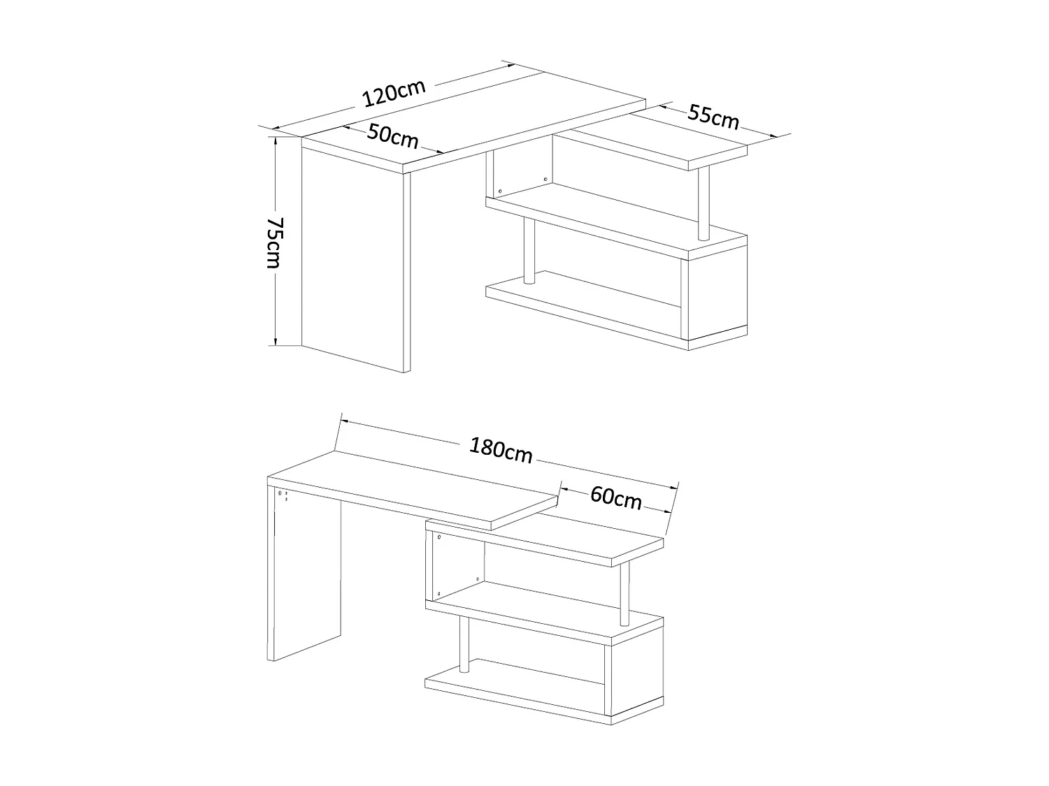 Bureau informatique table informatique modulable avec bibliothèque adjacente design contemporain mélaminé métal chromé blanc
