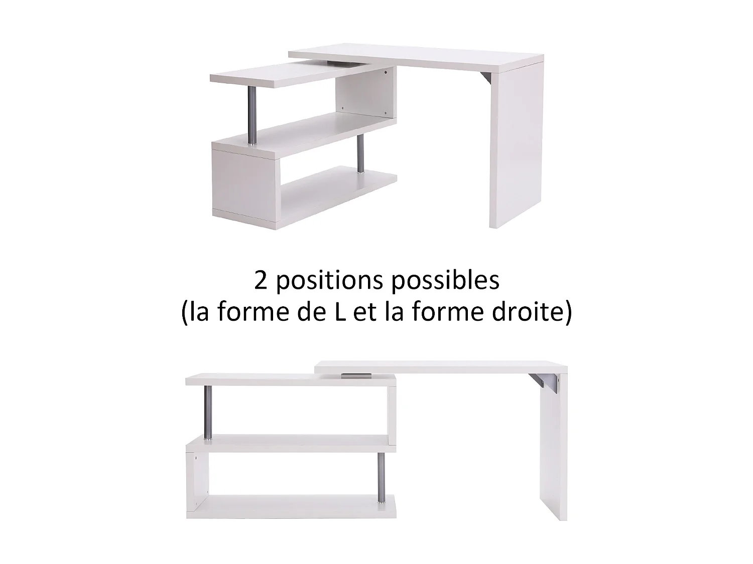 Bureau informatique table informatique modulable avec bibliothèque adjacente design contemporain mélaminé métal chromé blanc