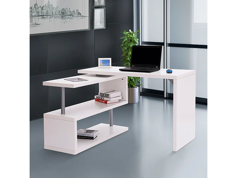 Bureau informatique table informatique modulable avec bibliothèque adjacente design contemporain mélaminé métal chromé blanc