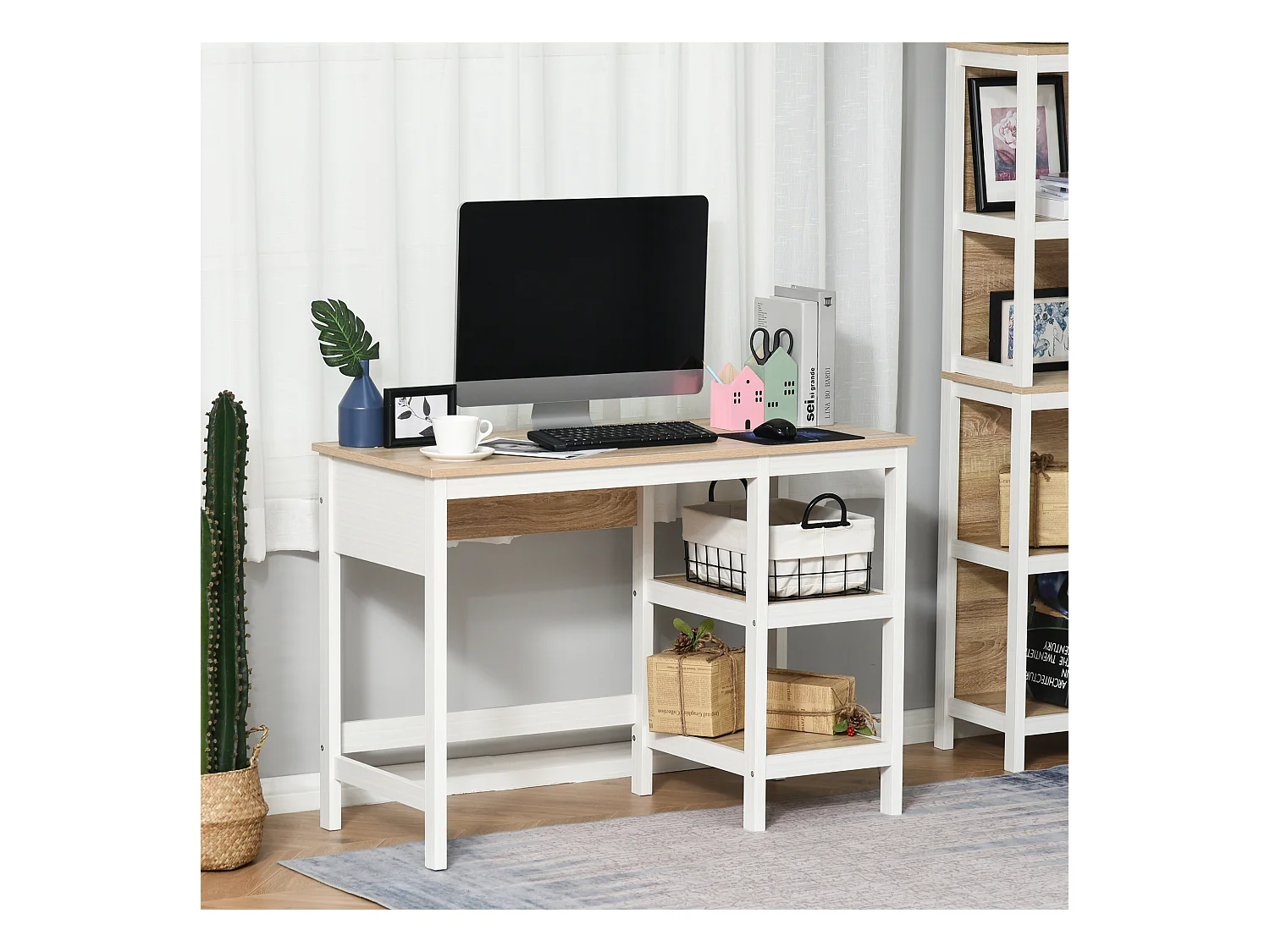 Bureau informatique multimédia dim. 110L x 48l x 76H cm 2 étagères latérales MDF E1 chêne clair blanc