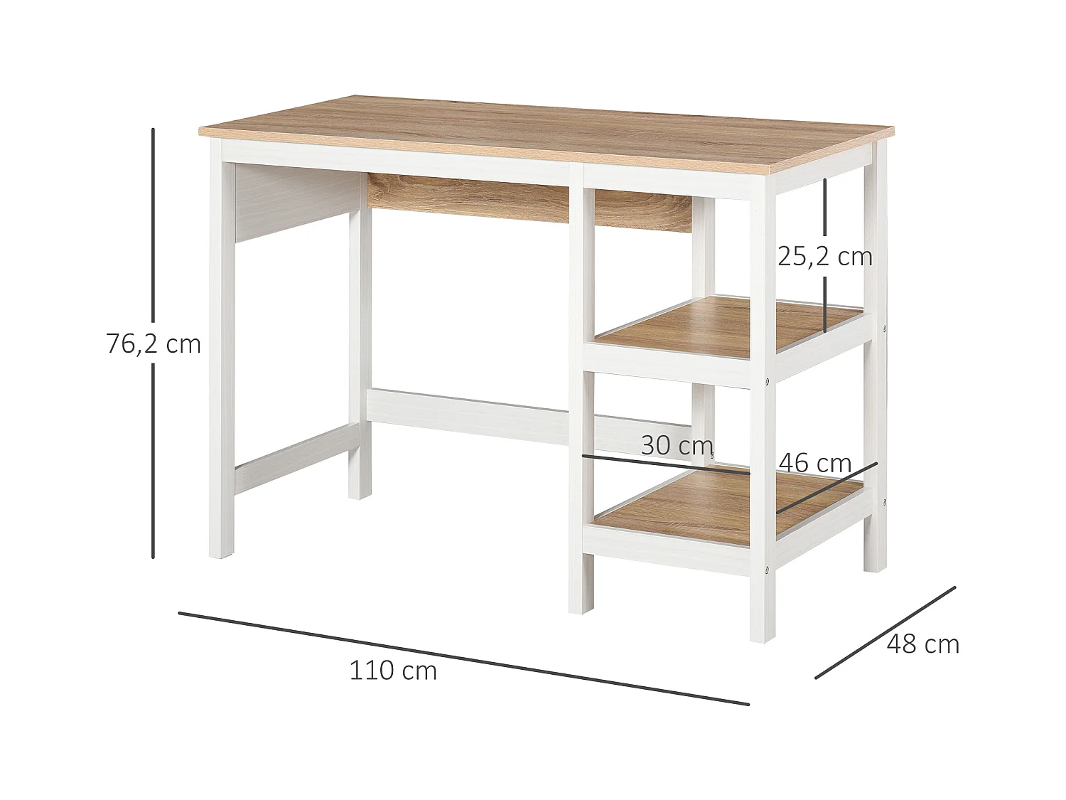 Bureau informatique multimédia dim. 110L x 48l x 76H cm 2 étagères latérales MDF E1 chêne clair blanc