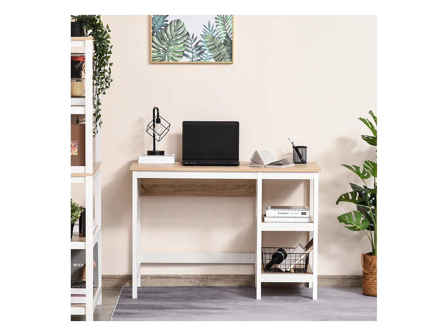 Bureau informatique multimédia dim. 110L x 48l x 76H cm 2 étagères latérales MDF E1 chêne clair blanc