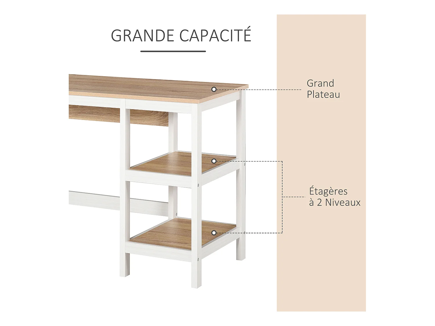 Bureau informatique multimédia dim. 110L x 48l x 76H cm 2 étagères latérales MDF E1 chêne clair blanc