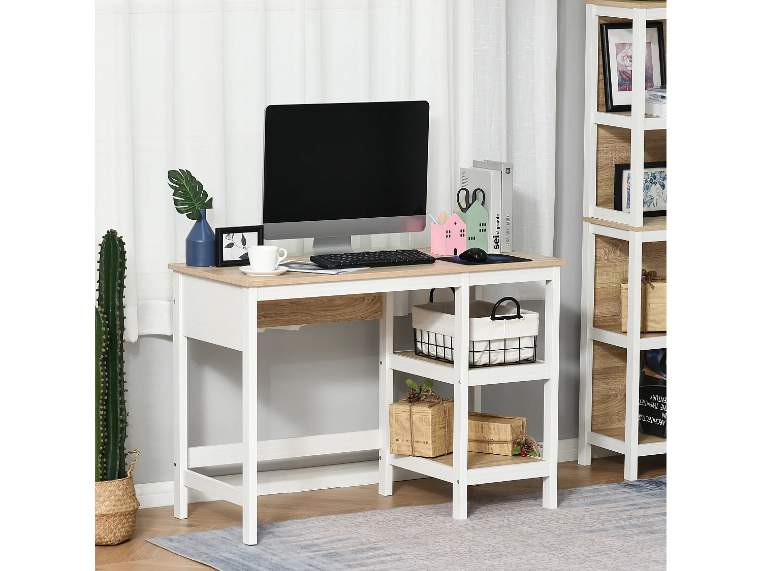 Bureau informatique multimédia dim. 110L x 48l x 76H cm 2 étagères latérales MDF E1 chêne clair blanc