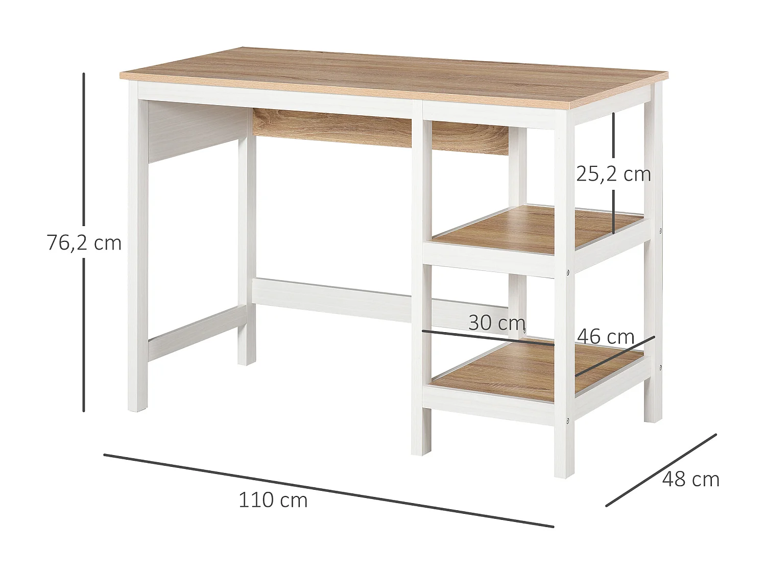 Bureau informatique multimédia dim. 110L x 48l x 76H cm 2 étagères latérales MDF E1 chêne clair blanc