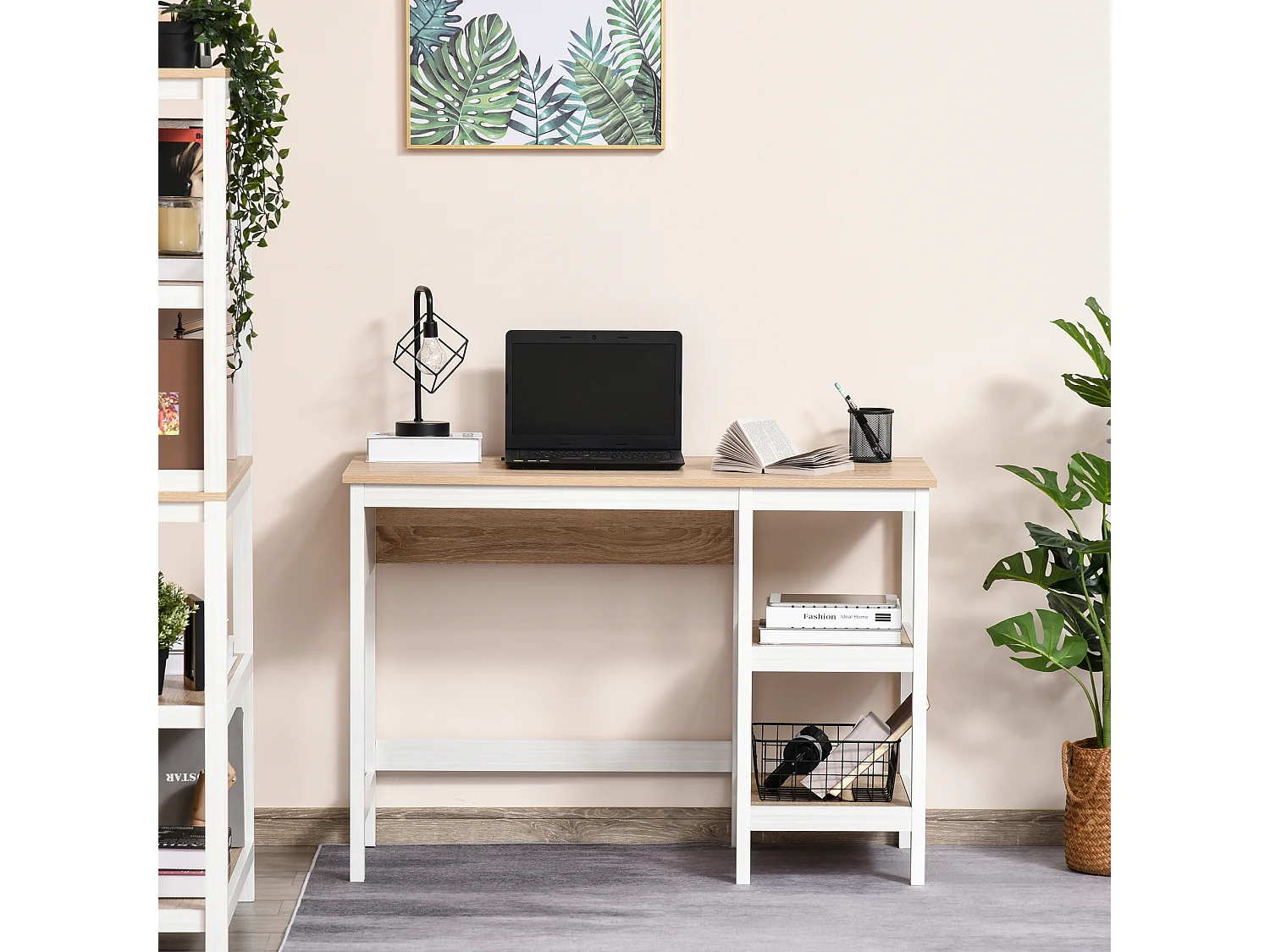 Bureau informatique multimédia dim. 110L x 48l x 76H cm 2 étagères latérales MDF E1 chêne clair blanc
