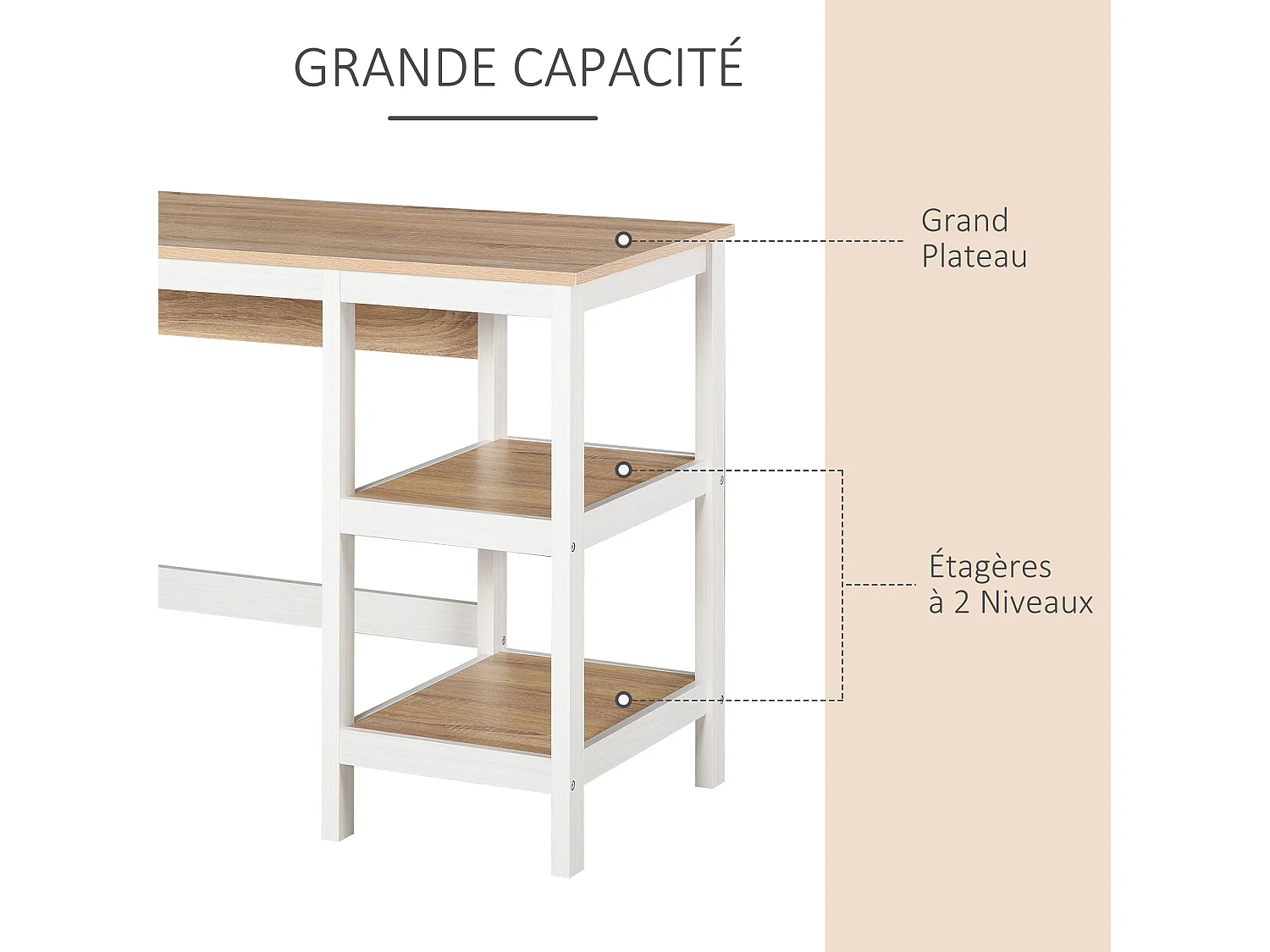 Bureau informatique multimédia dim. 110L x 48l x 76H cm 2 étagères latérales MDF E1 chêne clair blanc