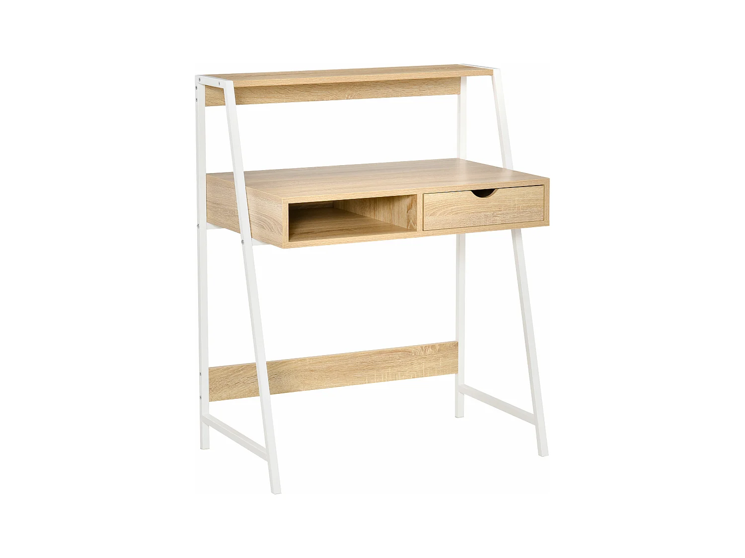 Bureau secrétaire bureau informatique style néo-rétro tiroir niche étagère métal blanc aspect chêne clair