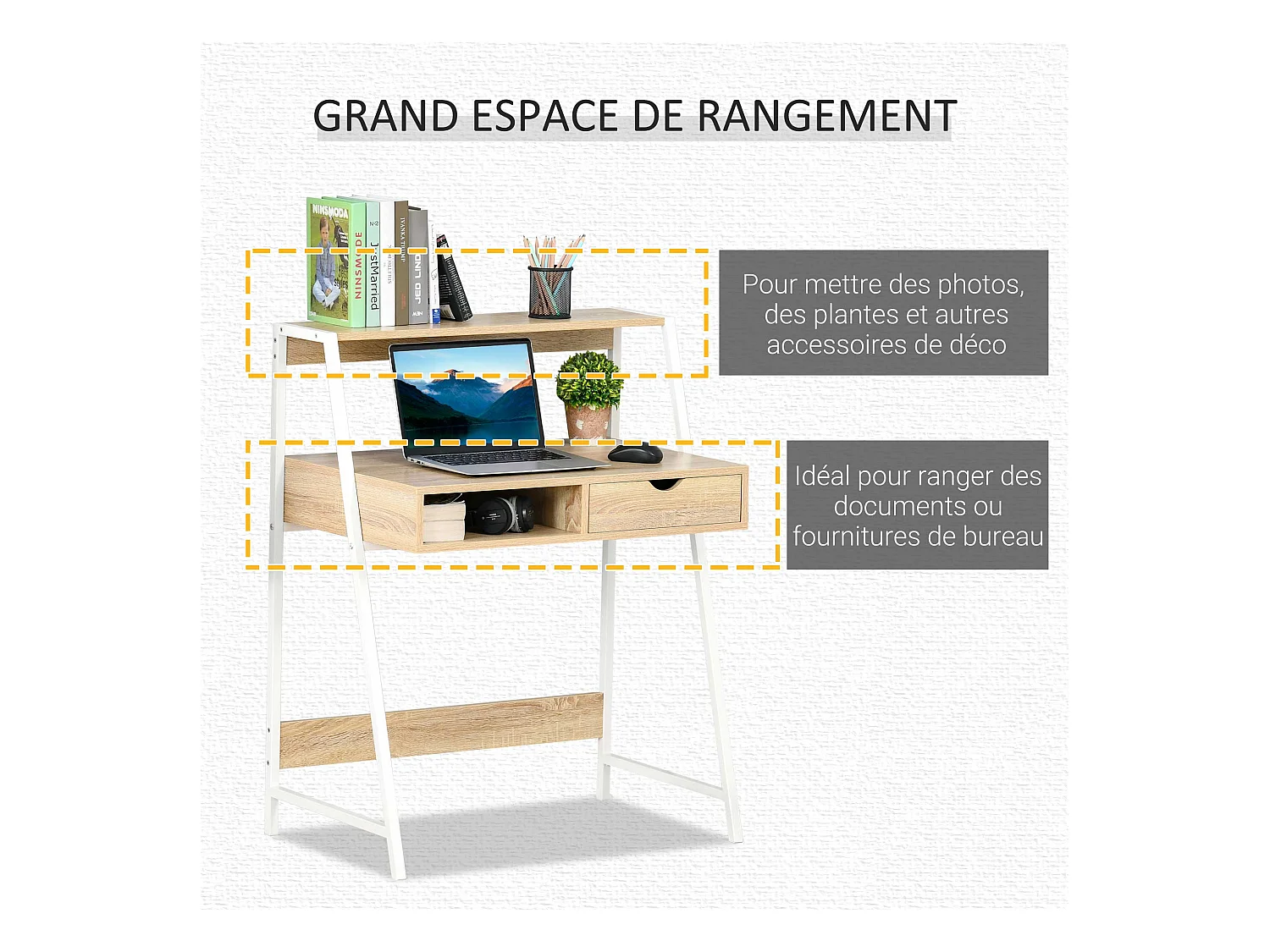 Bureau secrétaire bureau informatique style néo-rétro tiroir niche étagère métal blanc aspect chêne clair