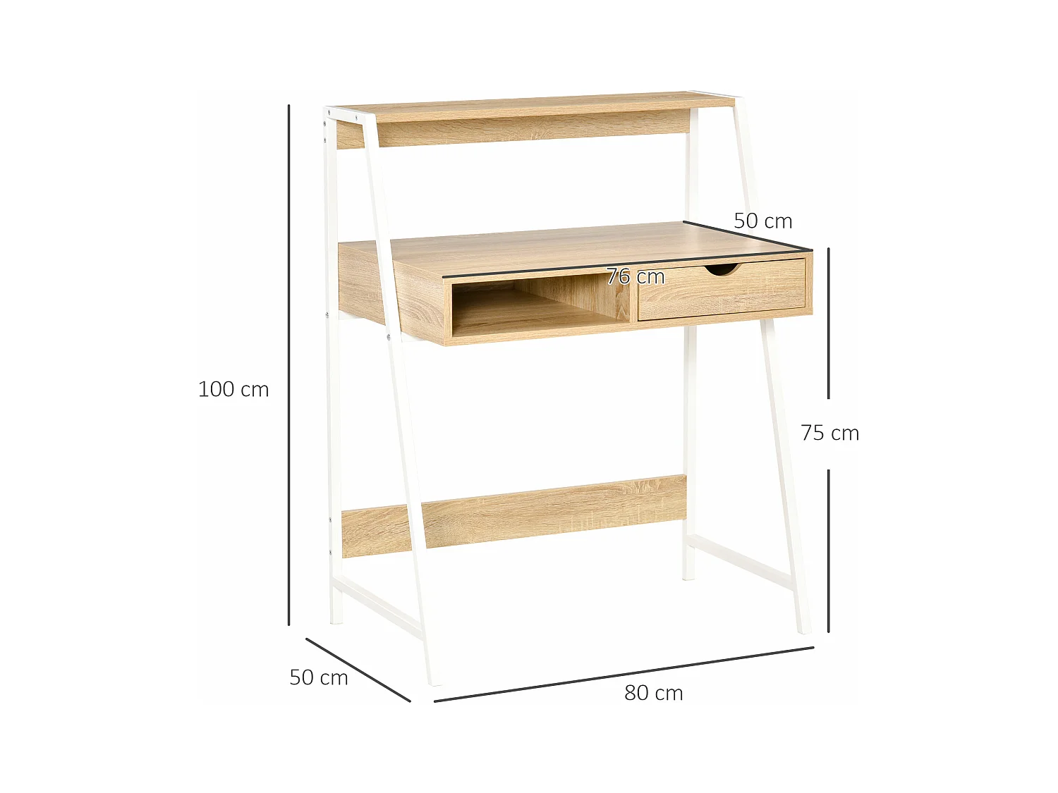 Bureau secrétaire bureau informatique style néo-rétro tiroir niche étagère métal blanc aspect chêne clair