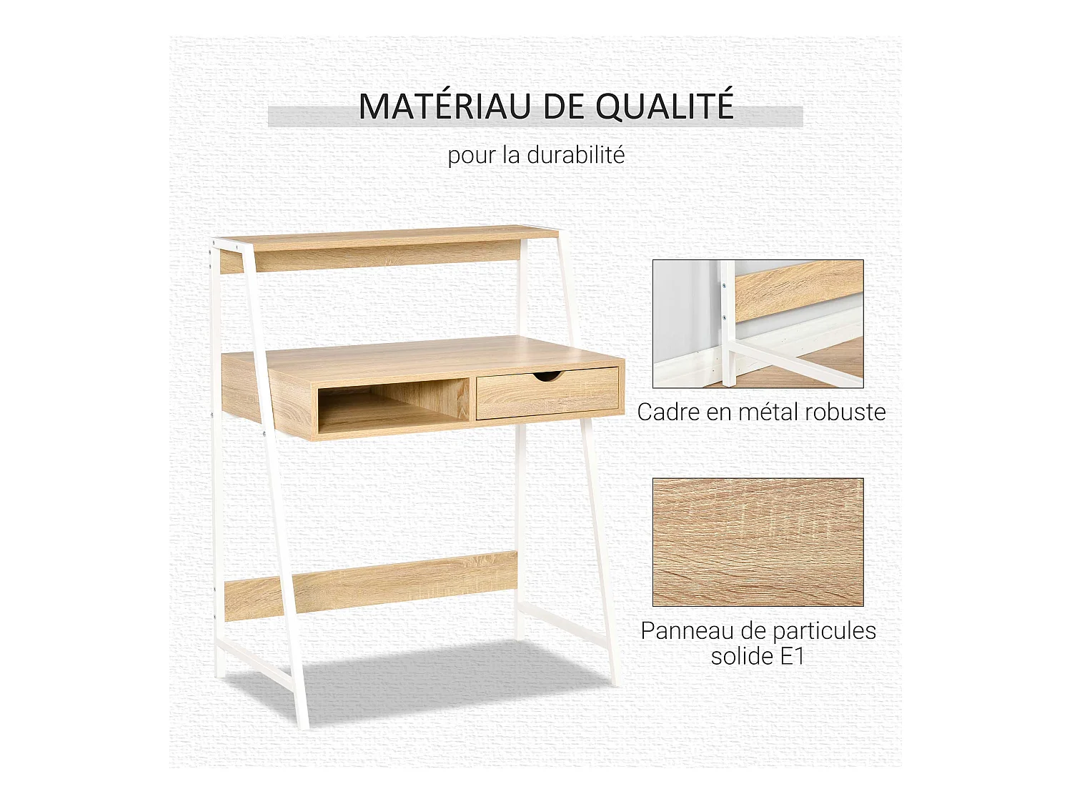 Bureau secrétaire bureau informatique style néo-rétro tiroir niche étagère métal blanc aspect chêne clair
