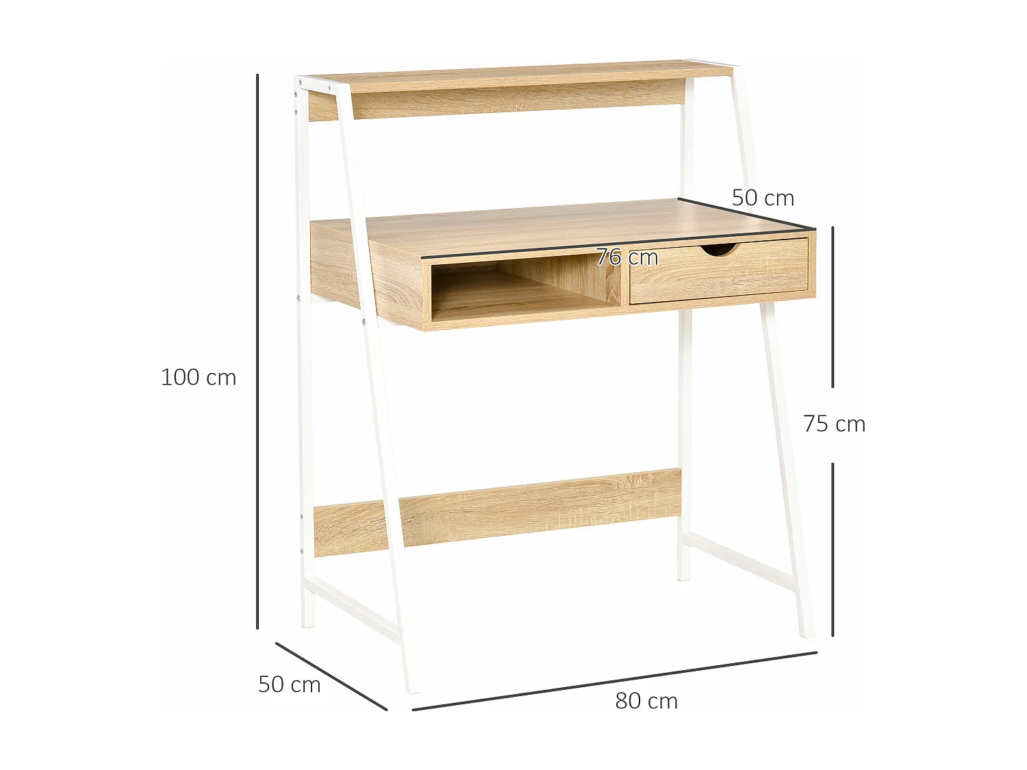Bureau secrétaire bureau informatique style néo-rétro tiroir niche étagère métal blanc aspect chêne clair