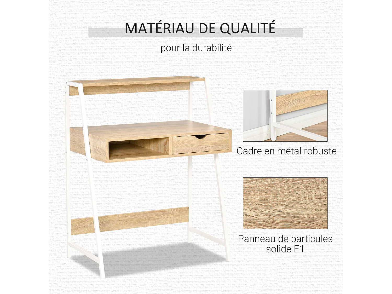 Bureau secrétaire bureau informatique style néo-rétro tiroir niche étagère métal blanc aspect chêne clair