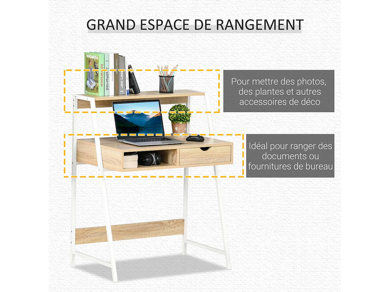 Bureau secrétaire bureau informatique style néo-rétro tiroir niche étagère métal blanc aspect chêne clair