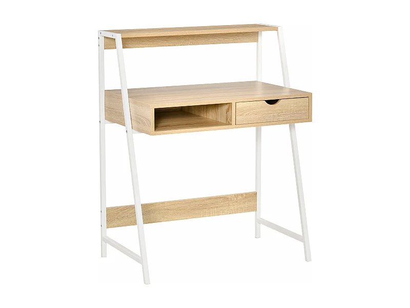 Bureau secrétaire bureau informatique style néo-rétro tiroir niche étagère métal blanc aspect chêne clair