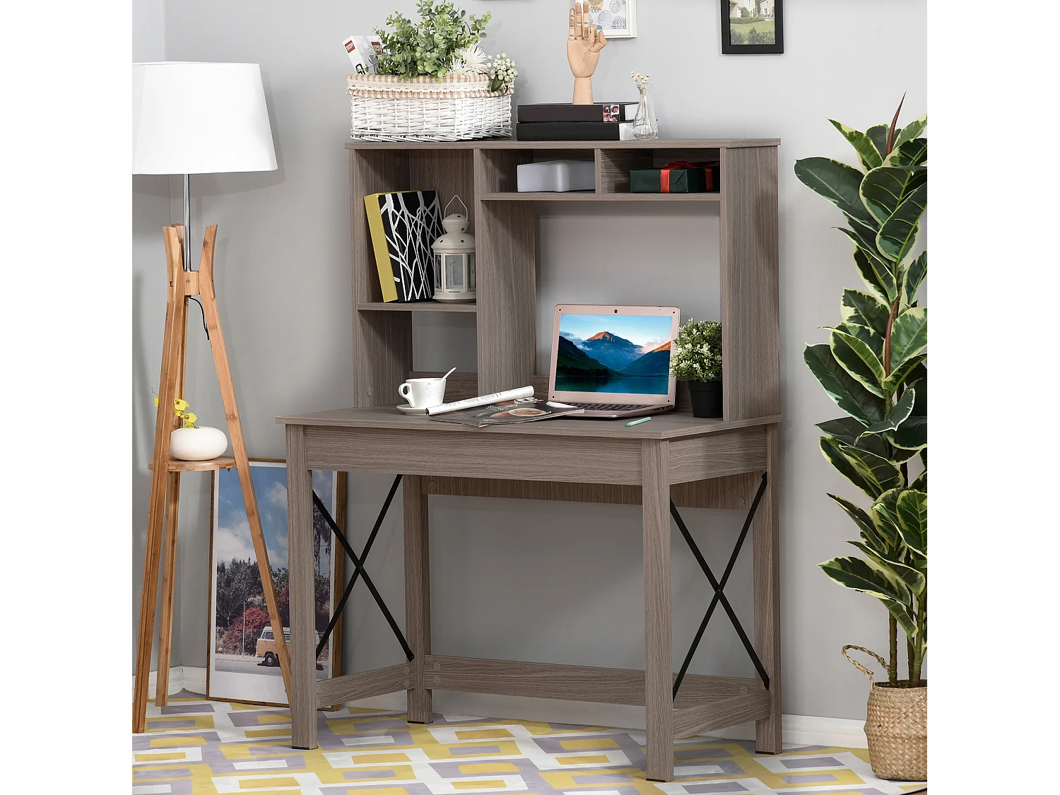 Bureau bibliothèque 2 en 1 - 3 niches 4 espaces de rangement - panneaux particules aspect bois marron clair métal noir