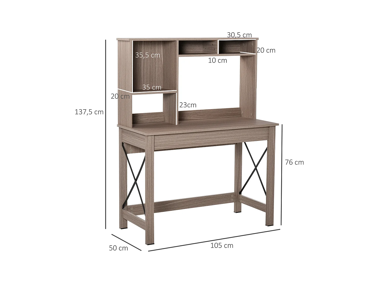 Bureau bibliothèque 2 en 1 - 3 niches 4 espaces de rangement - panneaux particules aspect bois marron clair métal noir