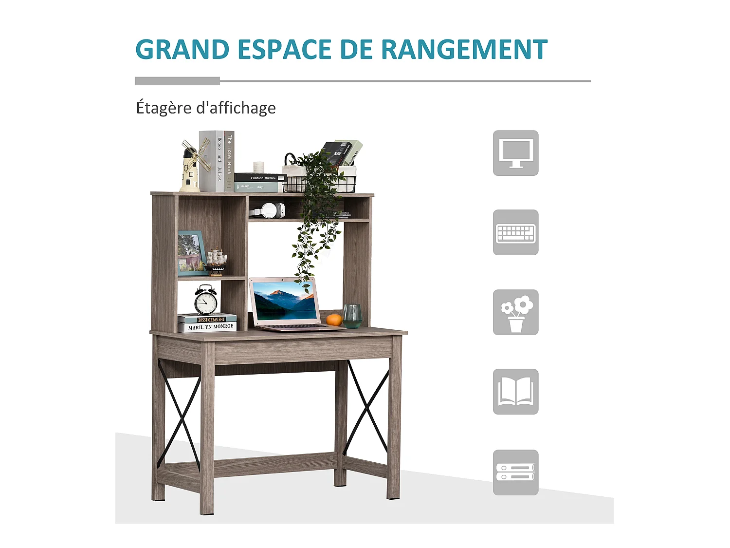 Bureau bibliothèque 2 en 1 - 3 niches 4 espaces de rangement - panneaux particules aspect bois marron clair métal noir