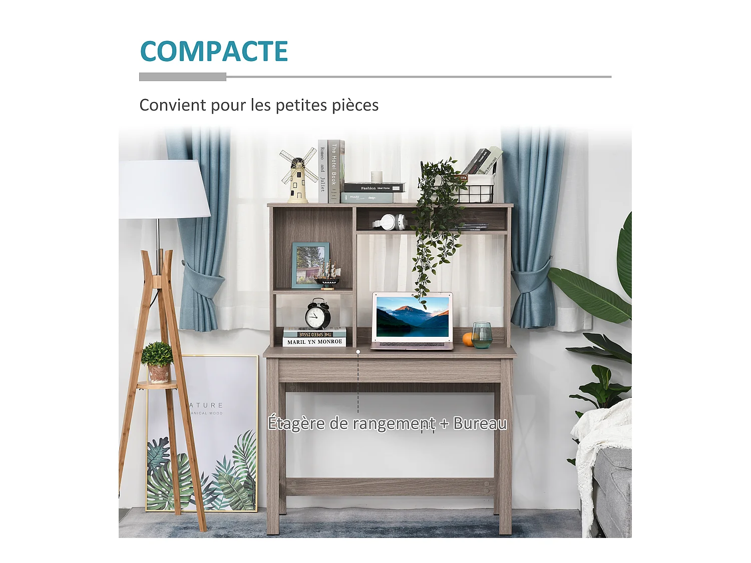 Bureau bibliothèque 2 en 1 - 3 niches 4 espaces de rangement - panneaux particules aspect bois marron clair métal noir