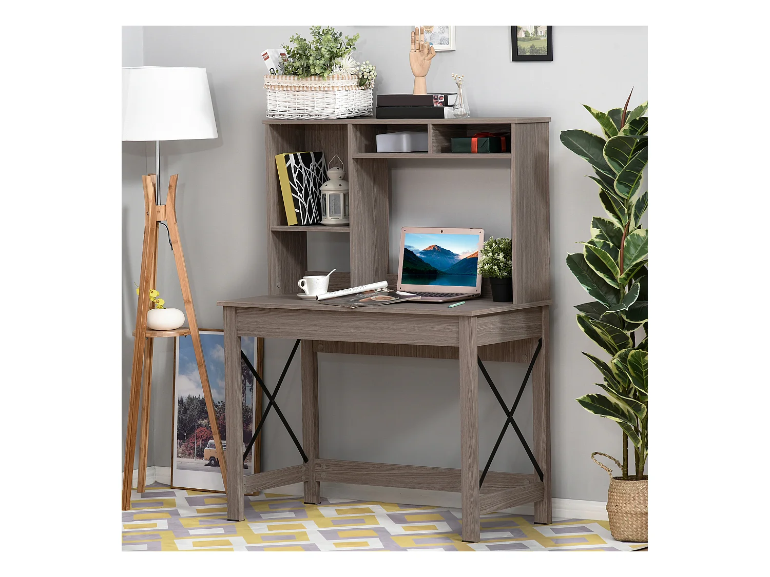 Bureau bibliothèque 2 en 1 - 3 niches 4 espaces de rangement - panneaux particules aspect bois marron clair métal noir