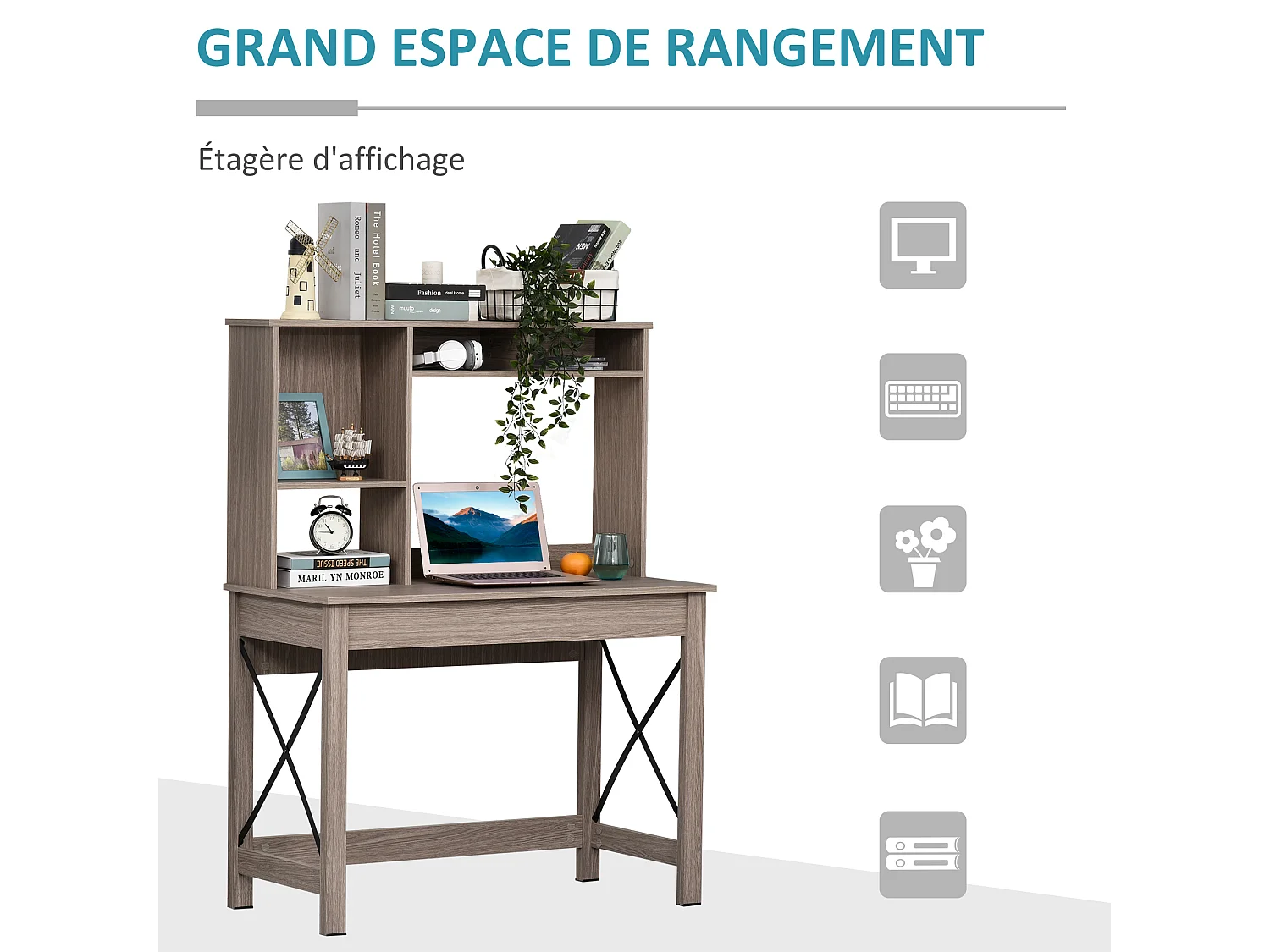 Bureau bibliothèque 2 en 1 - 3 niches 4 espaces de rangement - panneaux particules aspect bois marron clair métal noir