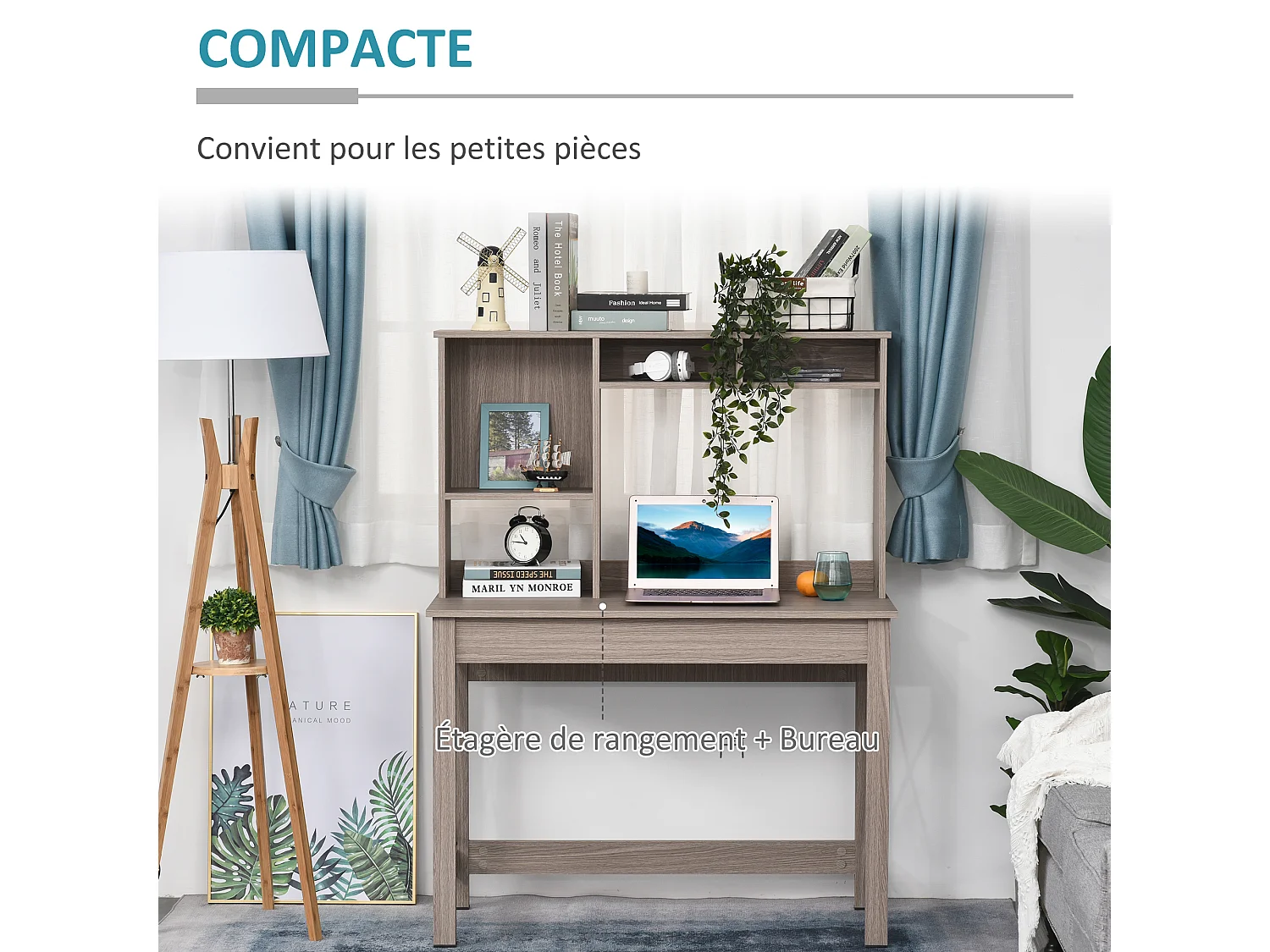 Bureau bibliothèque 2 en 1 - 3 niches 4 espaces de rangement - panneaux particules aspect bois marron clair métal noir