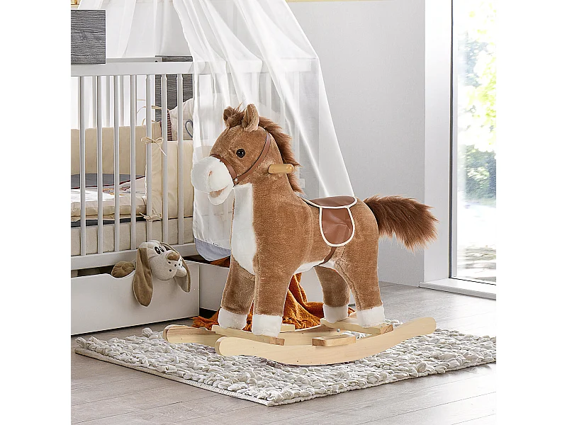 Cheval à bascule selle grand confort peluche courte douce bois peuplier brun dim. 65L x 32,5l x 61H cm
