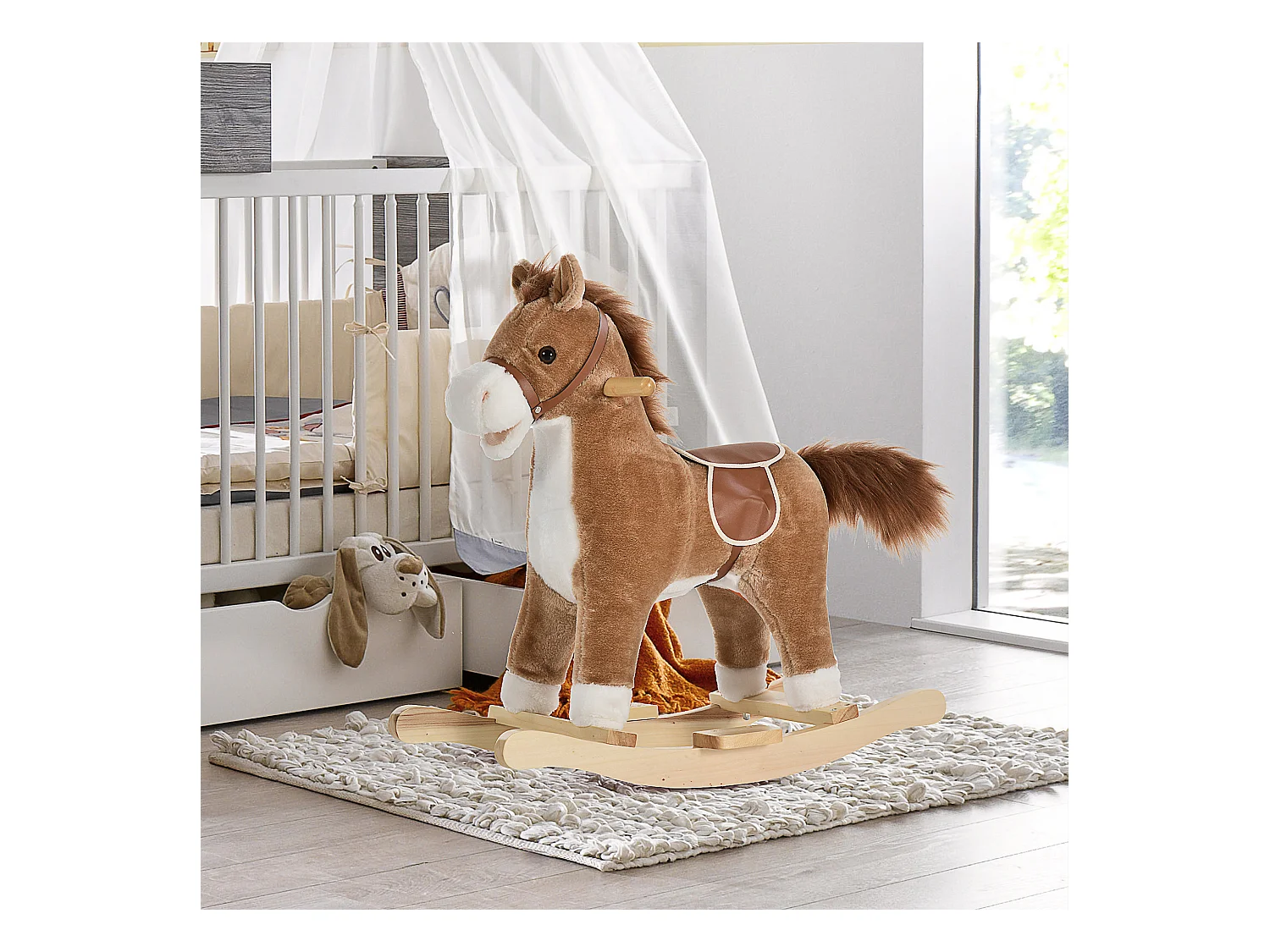 Cheval à bascule selle grand confort peluche courte douce bois peuplier brun dim. 65L x 32,5l x 61H cm