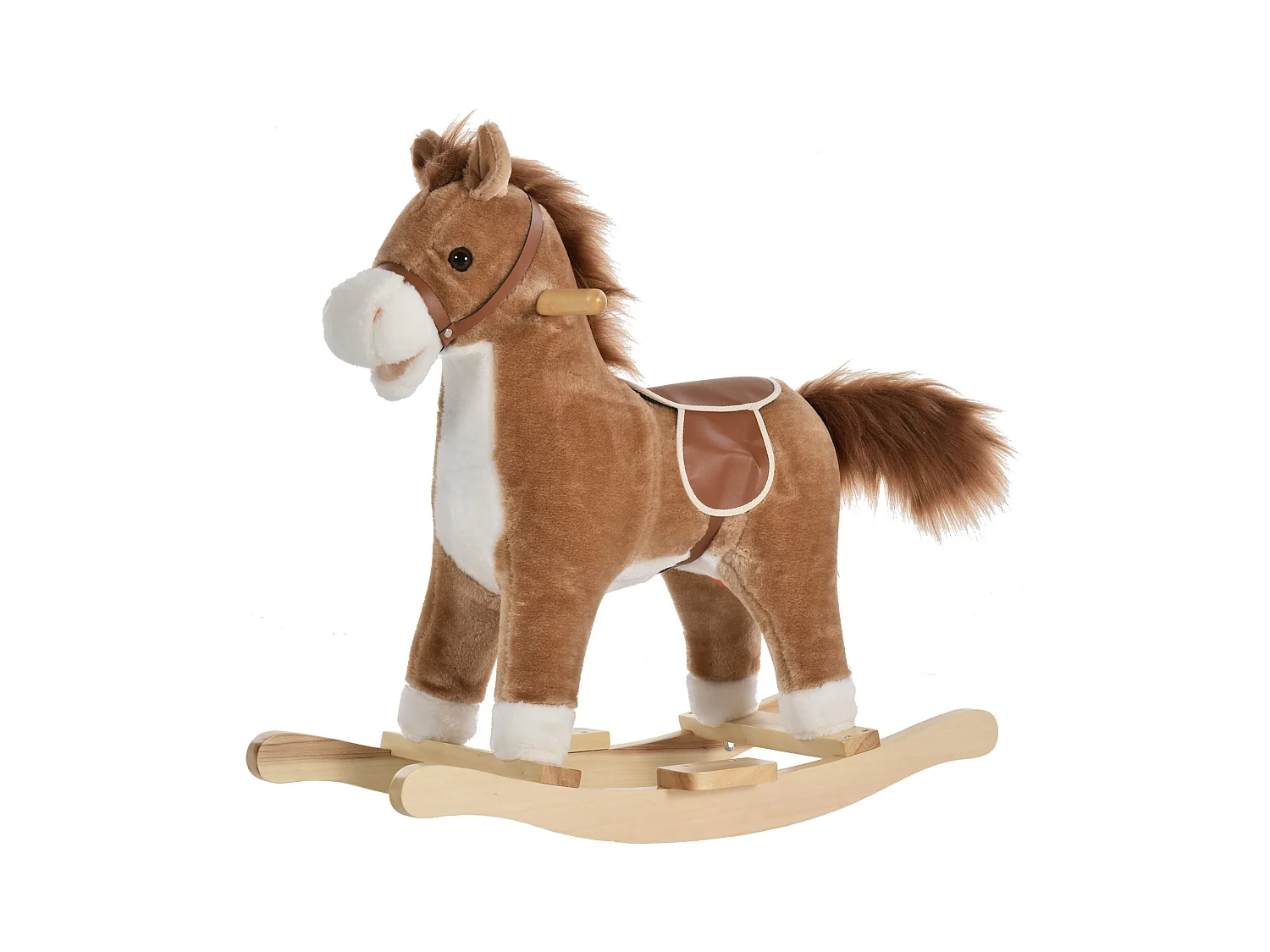 Cheval à bascule selle grand confort peluche courte douce bois peuplier brun dim. 65L x 32,5l x 61H cm